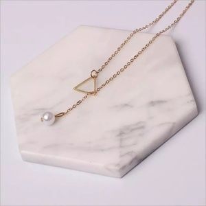 Gold Triangle Pearl Long Chain Necklace